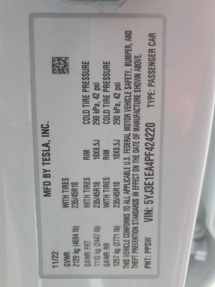 2023 Tesla Model 3 VIN: 5YJ3E1EA4PF424220 Lot: 84482265