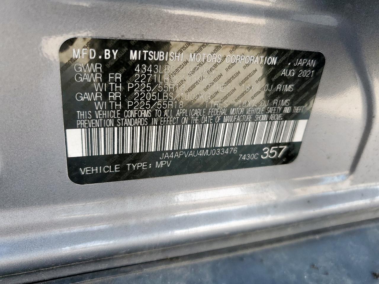 2021 Mitsubishi Outlander Sport Se VIN: JA4APVAU4MU033476 Lot: 90316895