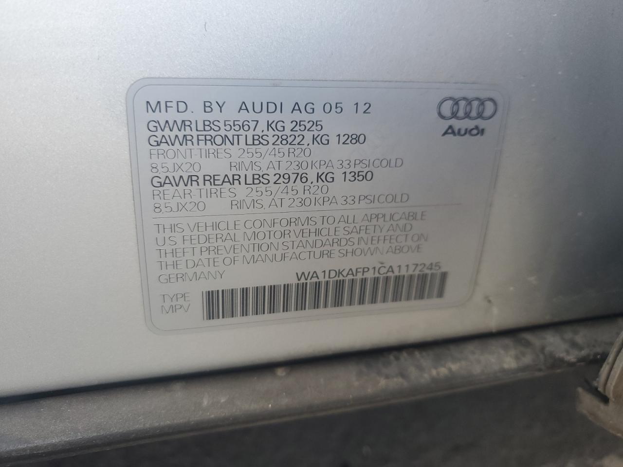 2012 Audi Q5 Premium Plus VIN: WA1DKAFP1CA117245 Lot: 82436605