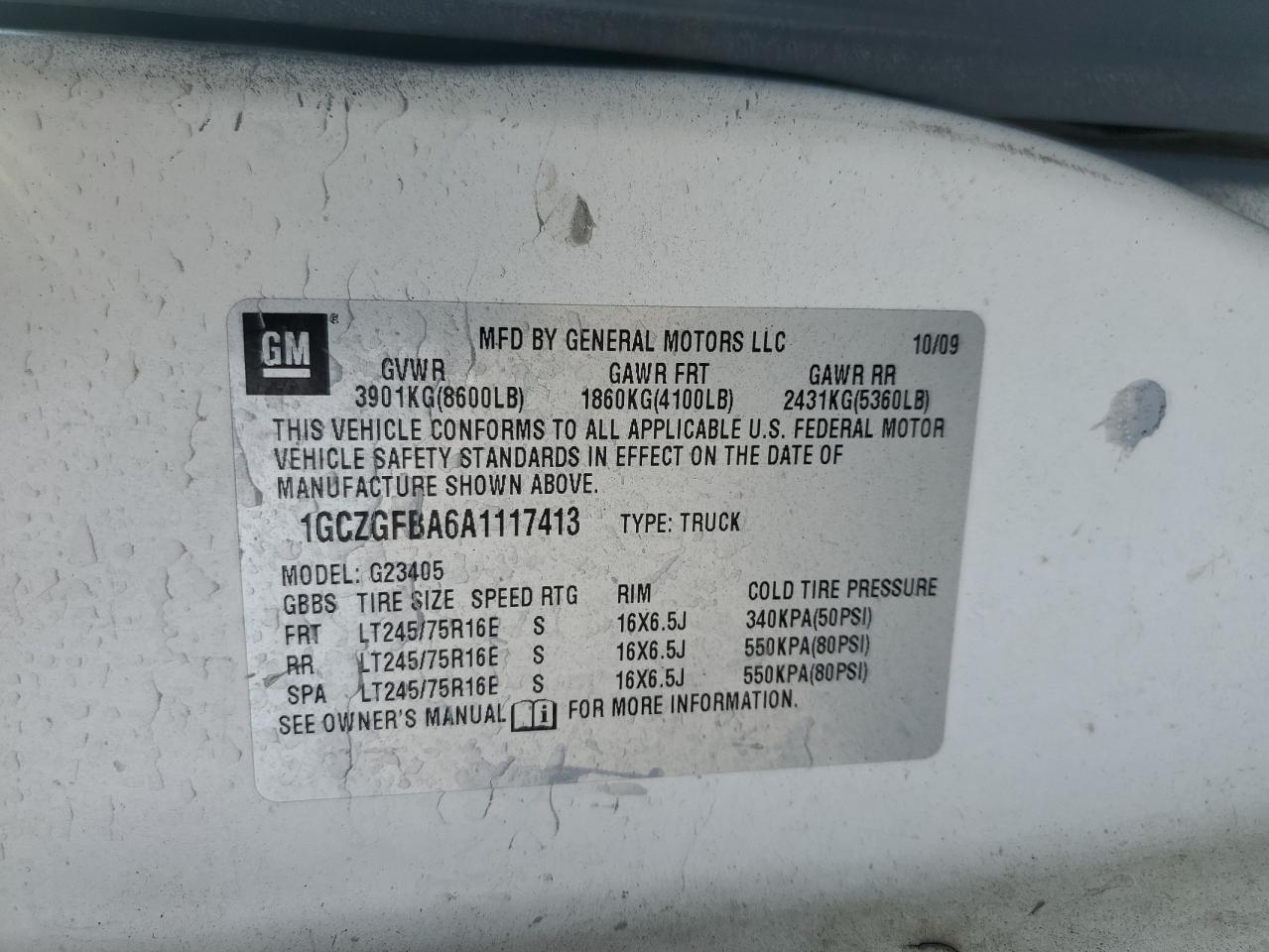 2010 Chevrolet Express G2500 VIN: 1GCZGFBA6A1117413 Lot: 84989675