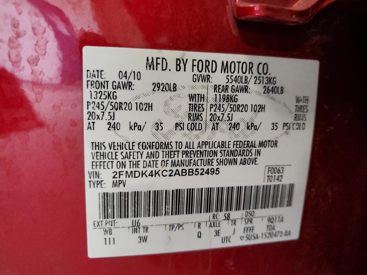 2010 Ford Edge Limited VIN: 2FMDK4KC2ABB52495 Lot: 90382095