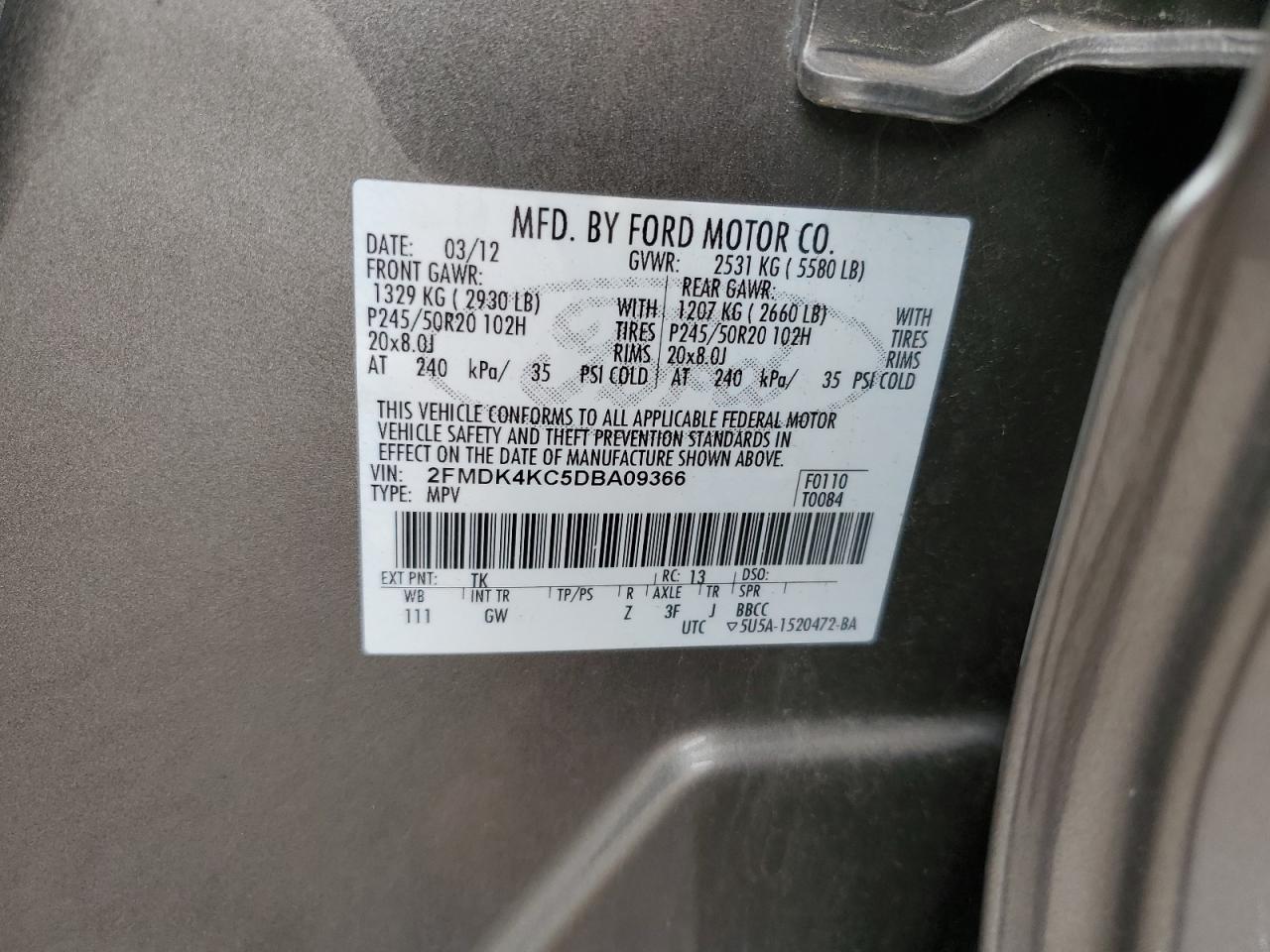 2013 Ford Edge Limited VIN: 2FMDK4KC5DBA09366 Lot: 85069045