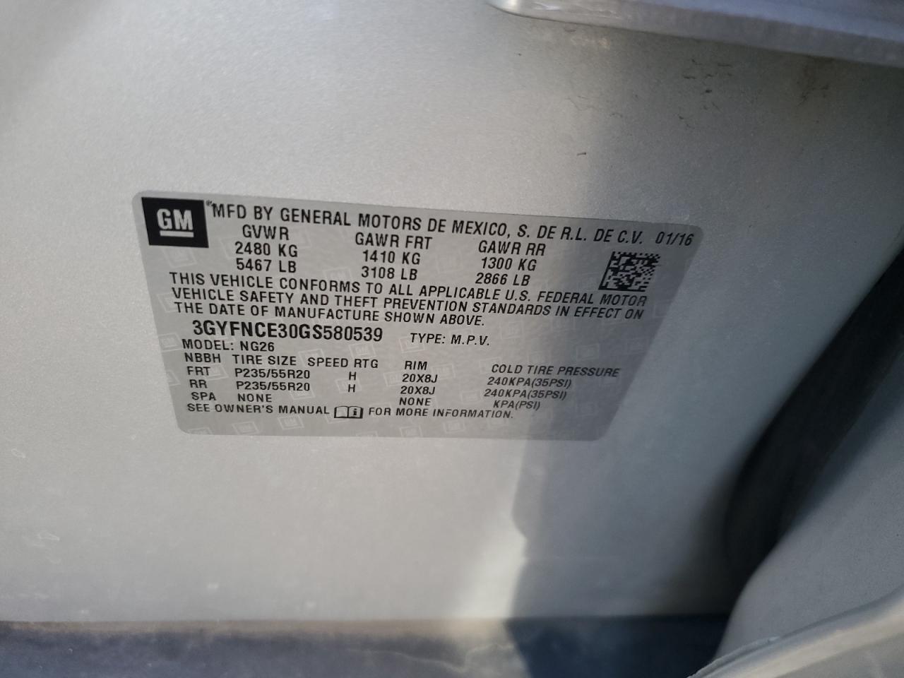 2016 Cadillac Srx Performance Collection VIN: 3GYFNCE30GS580539 Lot: 89881565