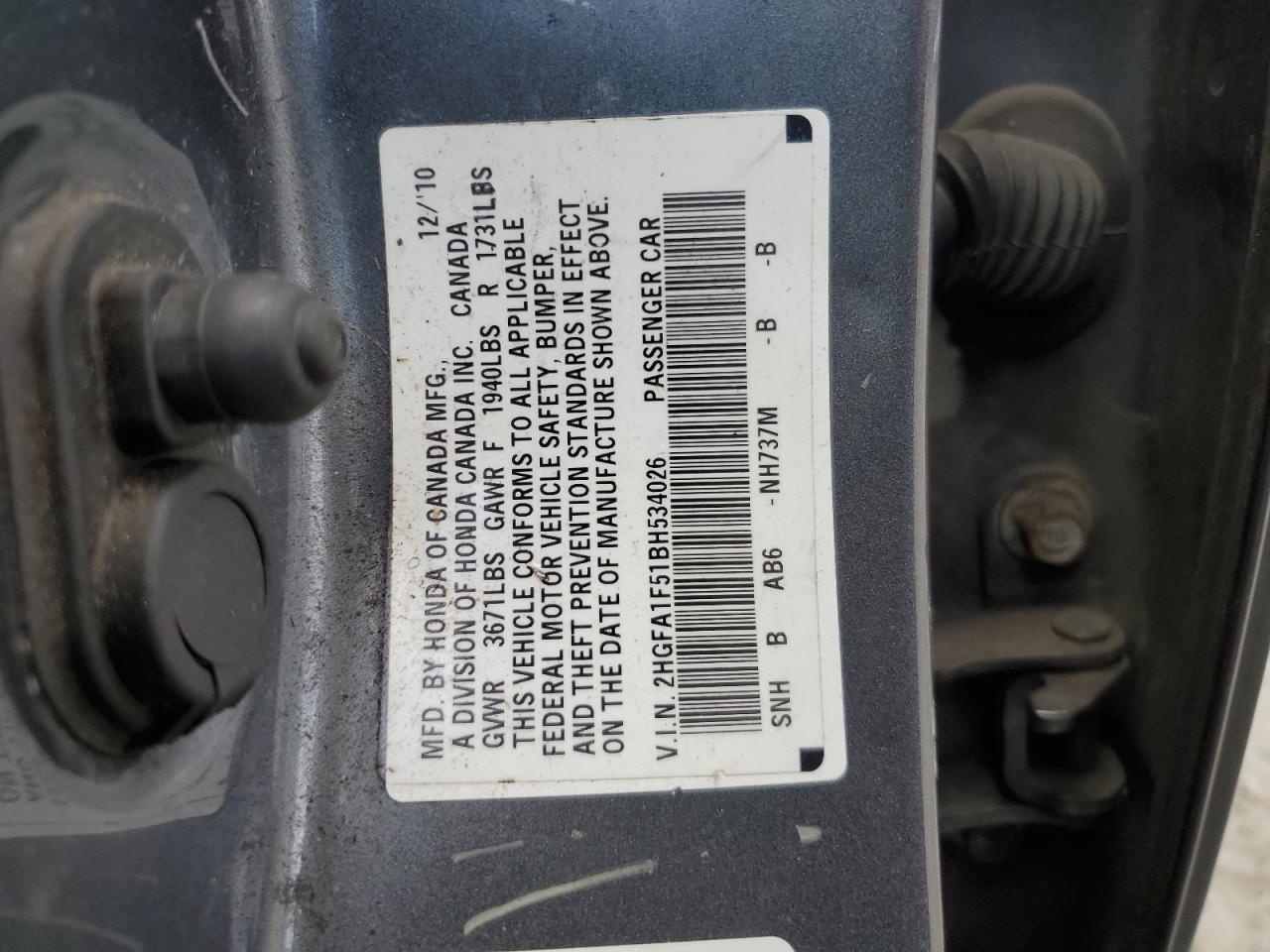 2011 Honda Civic Lx VIN: 2HGFA1F51BH534026 Lot: 85691505