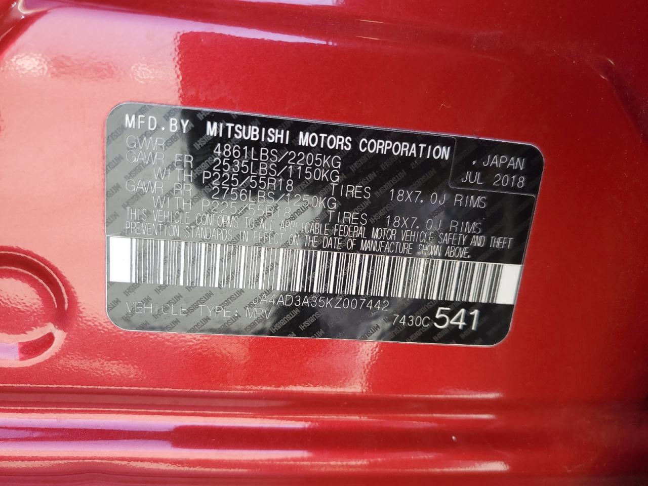 2019 Mitsubishi Outlander Se VIN: JA4AD3A35KZ007442 Lot: 82193005
