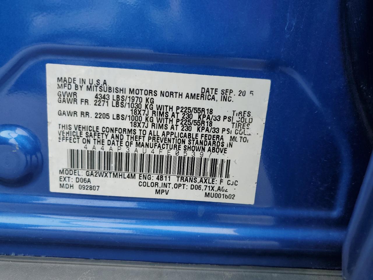 2015 Mitsubishi Outlander Sport Es VIN: 4A4AP3AU4FE053971 Lot: 87360335