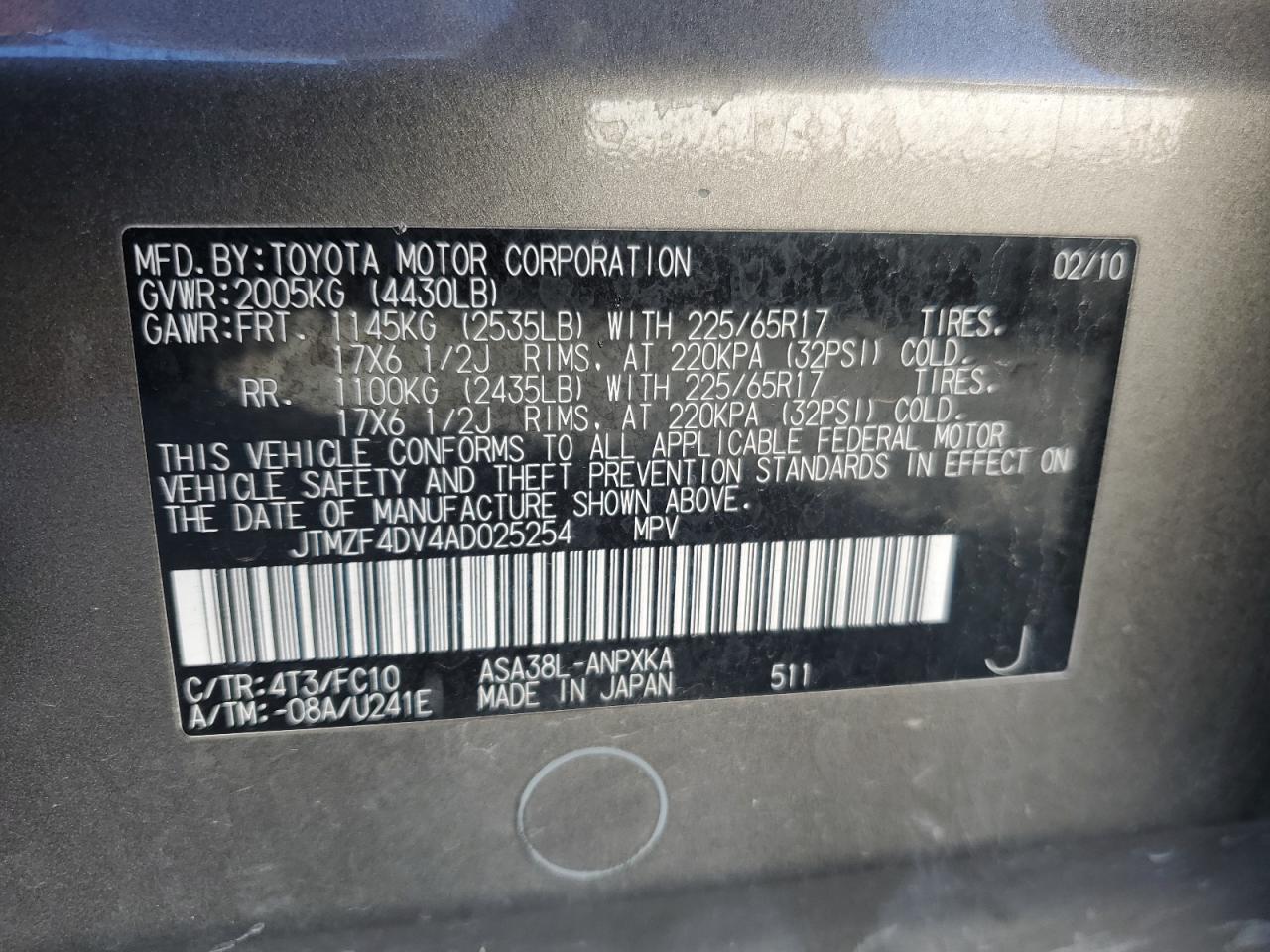 2010 Toyota Rav4 VIN: JTMZF4DV4AD025254 Lot: 87456285