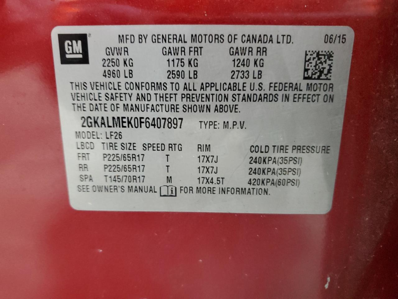 2015 GMC Terrain Sle VIN: 2GKALMEK0F6407897 Lot: 89500175