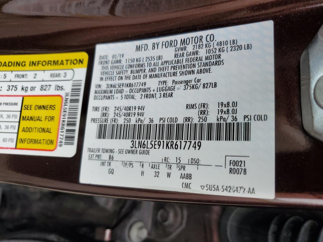 2019 Lincoln Mkz Reserve Ii VIN: 3LN6L5E91KR617749 Lot: 87477535