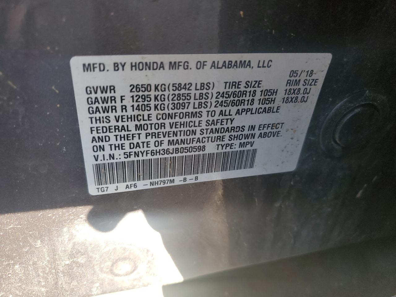 2018 Honda Pilot Ex VIN: 5FNYF6H36JB050598 Lot: 85677035