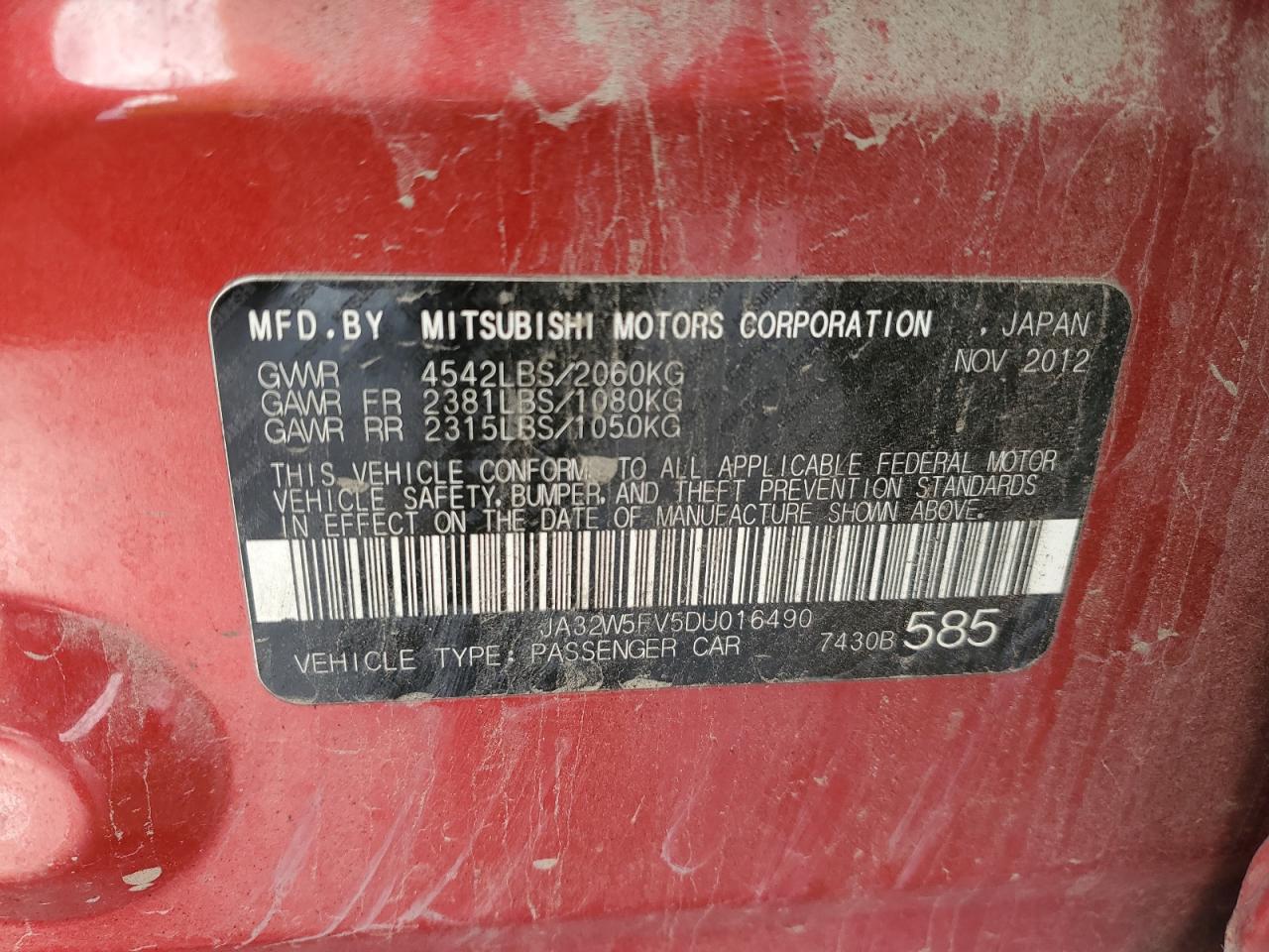 2013 Mitsubishi Lancer Evolution Mr VIN: JA32W5FV5DU016490 Lot: 82763325