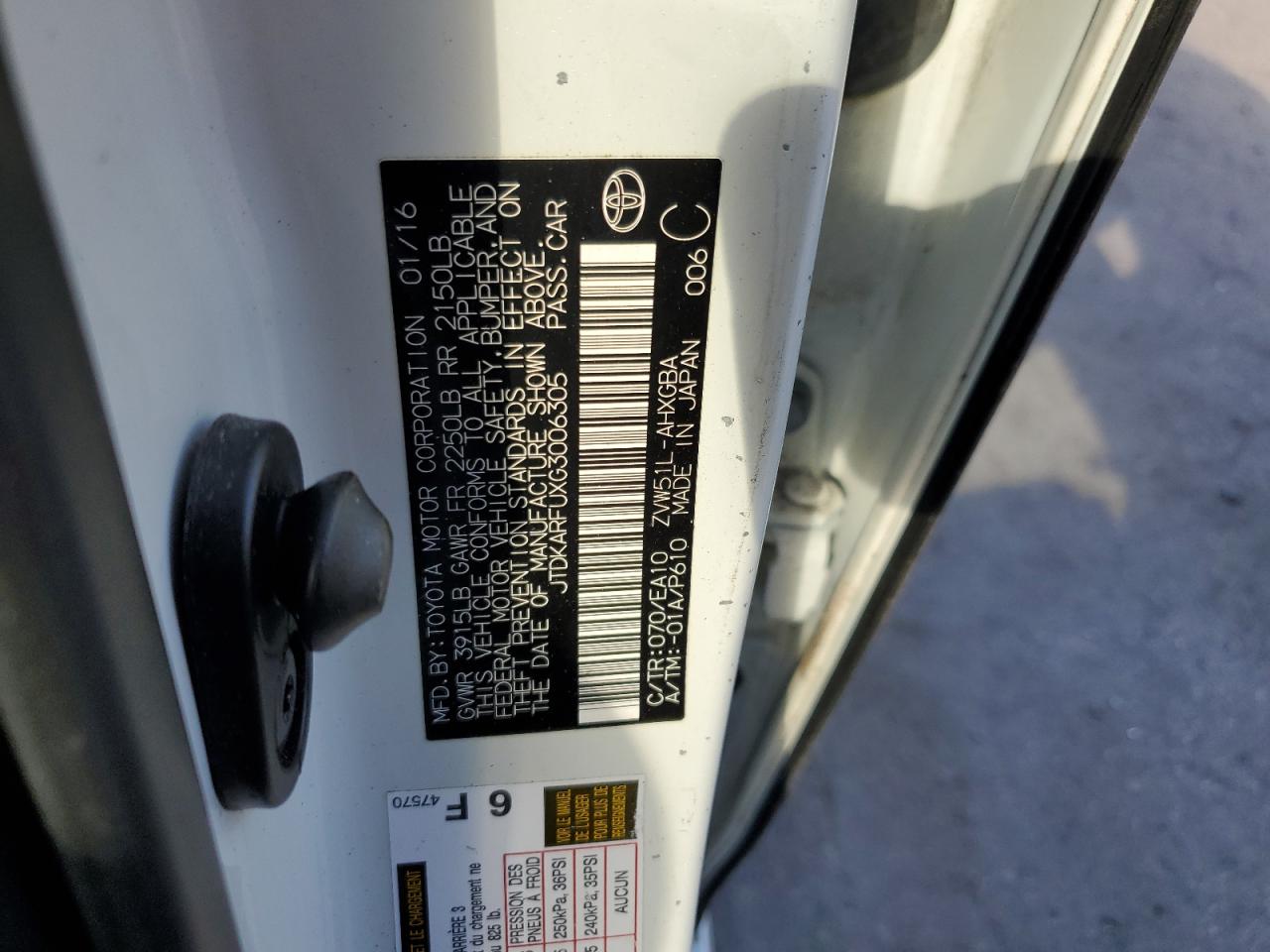 2016 Toyota Prius VIN: JTDKARFUXG3006305 Lot: 85284665