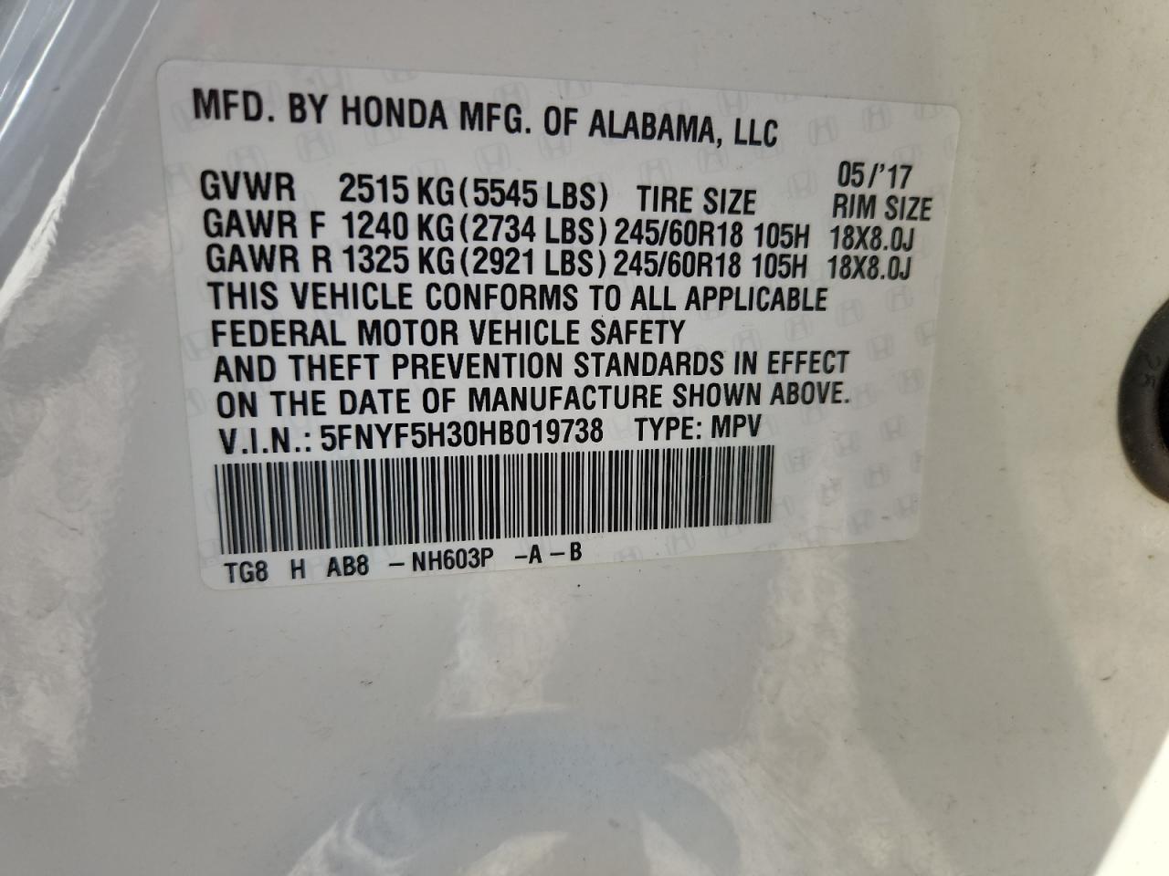 2017 Honda Pilot Ex VIN: 5FNYF5H30HB019738 Lot: 90535075