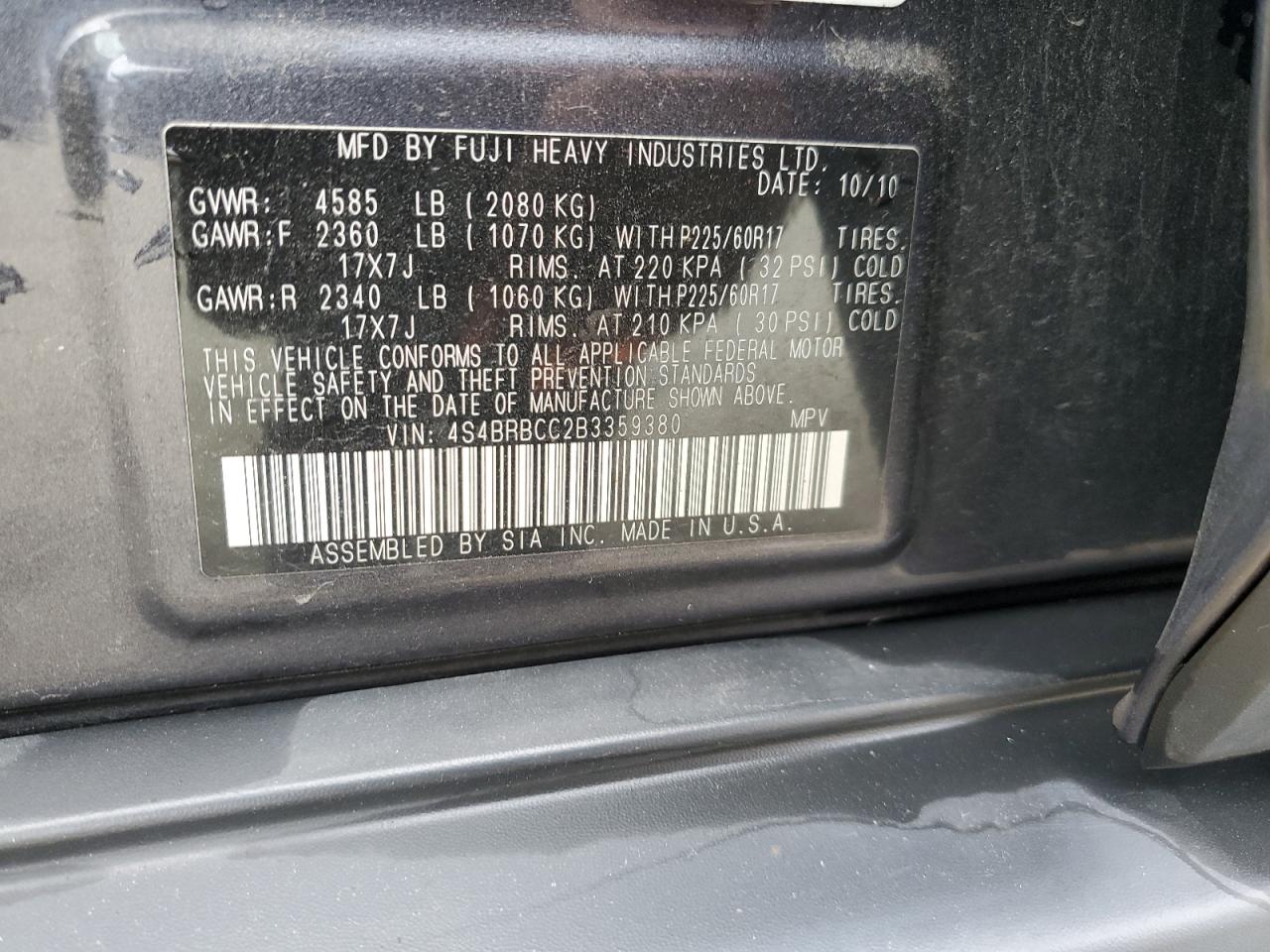 2011 Subaru Outback 2.5I Premium VIN: 4S4BRBCC2B3359380 Lot: 90296805