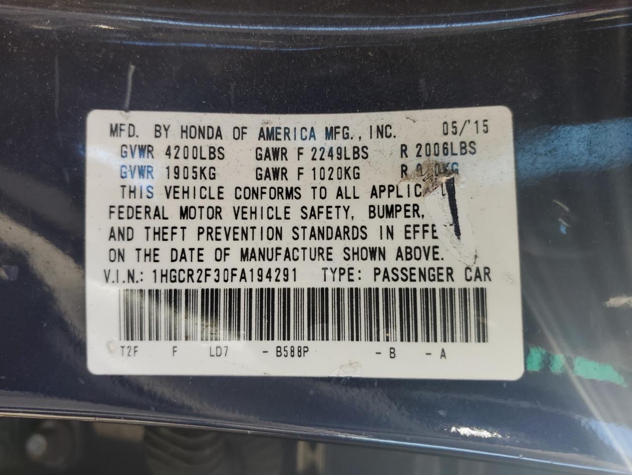 2015 Honda Accord Lx VIN: 1HGCR2F30FA194291 Lot: 81954035