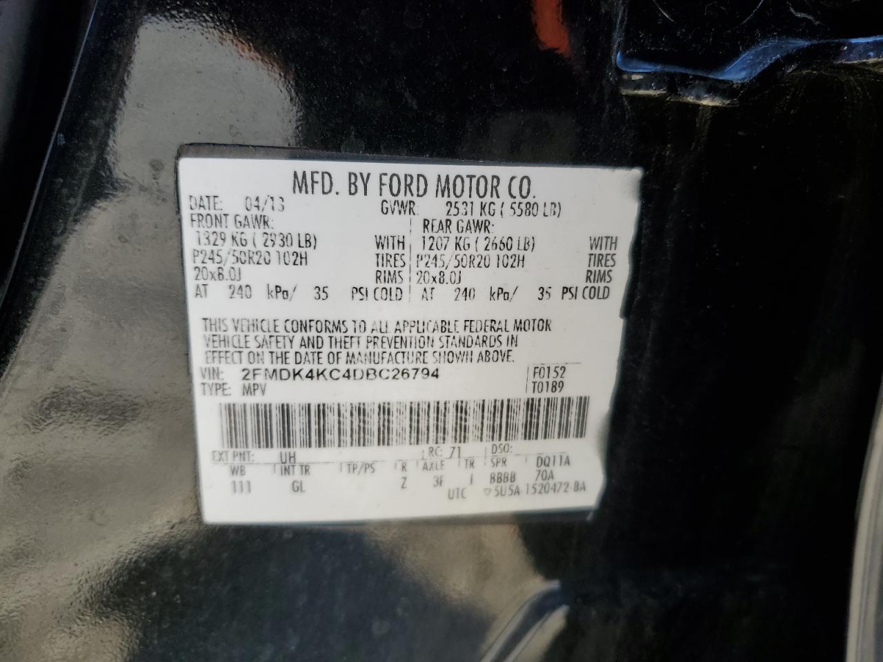 2013 Ford Edge Limited VIN: 2FMDK4KC4DBC26794 Lot: 84422665