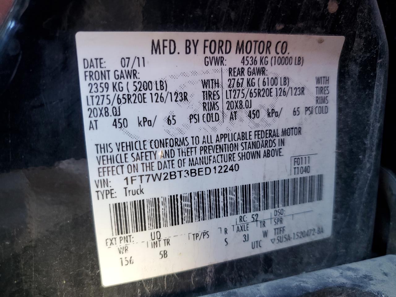 2011 Ford F250 Super Duty VIN: 1FT7W2BT3BED12240 Lot: 86869825