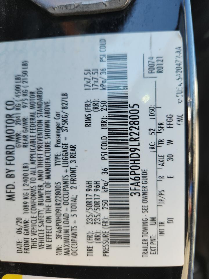 2020 Ford Fusion Se VIN: 3FA6P0HD9LR228005 Lot: 85304505