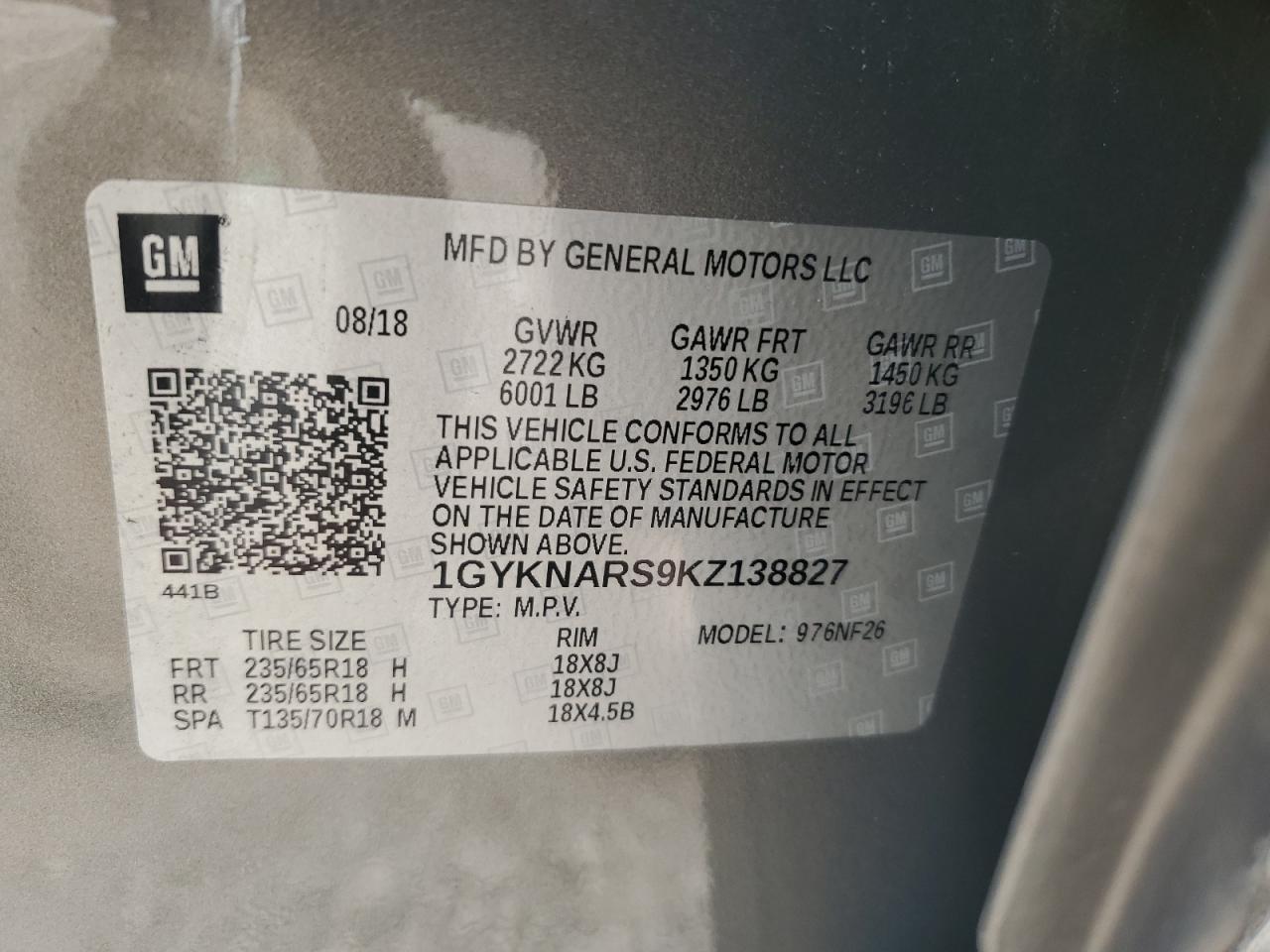 2019 Cadillac Xt5 VIN: 1GYKNARS9KZ138827 Lot: 82332025