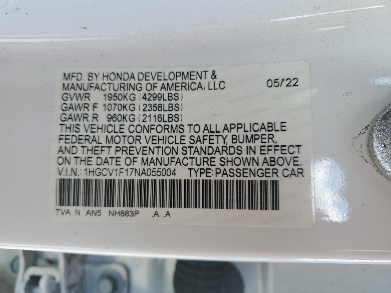 2022 Honda Accord Lx VIN: 1HGCV1F17NA055004 Lot: 85138515