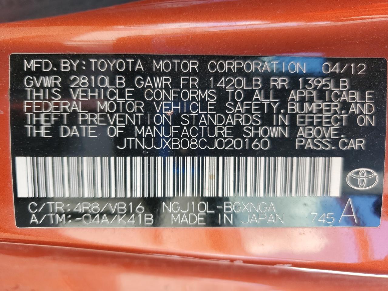 2012 Toyota Scion Iq VIN: JTNJJXB08CJ020160 Lot: 89844485