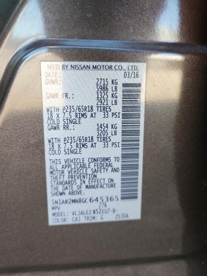 2016 Nissan Pathfinder S VIN: 5N1AR2MN8GC645365 Lot: 85351525