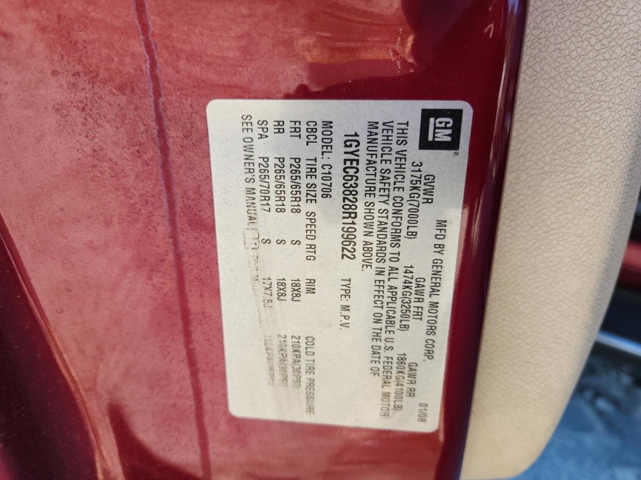 2008 Cadillac Escalade Luxury VIN: 1GYEC63828R199622 Lot: 82646795