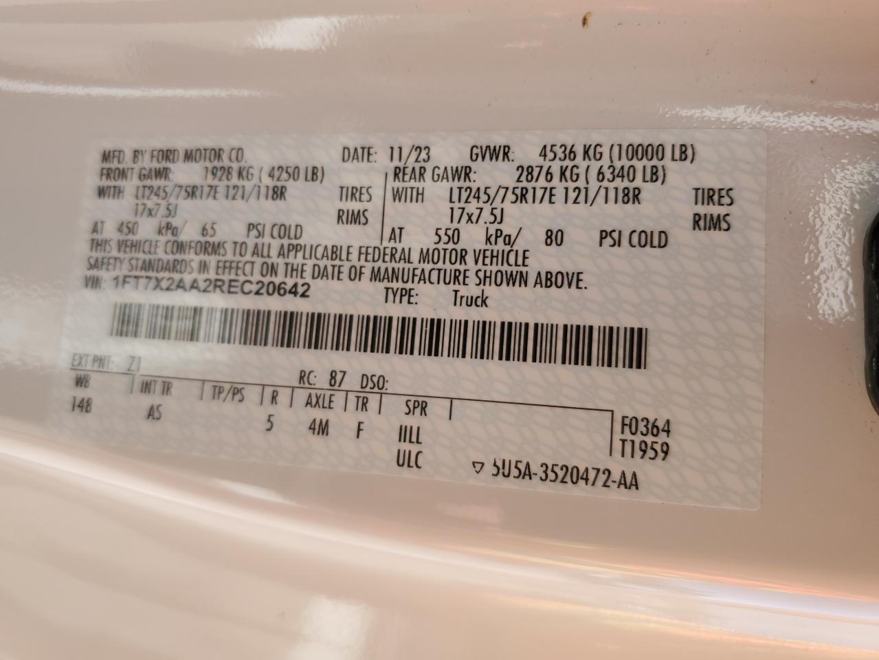 2024 Ford F250 Super Duty VIN: 1FT7X2AA2REC20642 Lot: 87444515