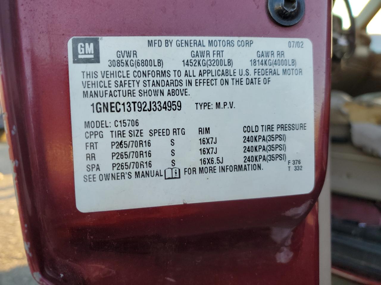 2002 Chevrolet Tahoe C1500 VIN: 1GNEC13T92J334959 Lot: 87047615