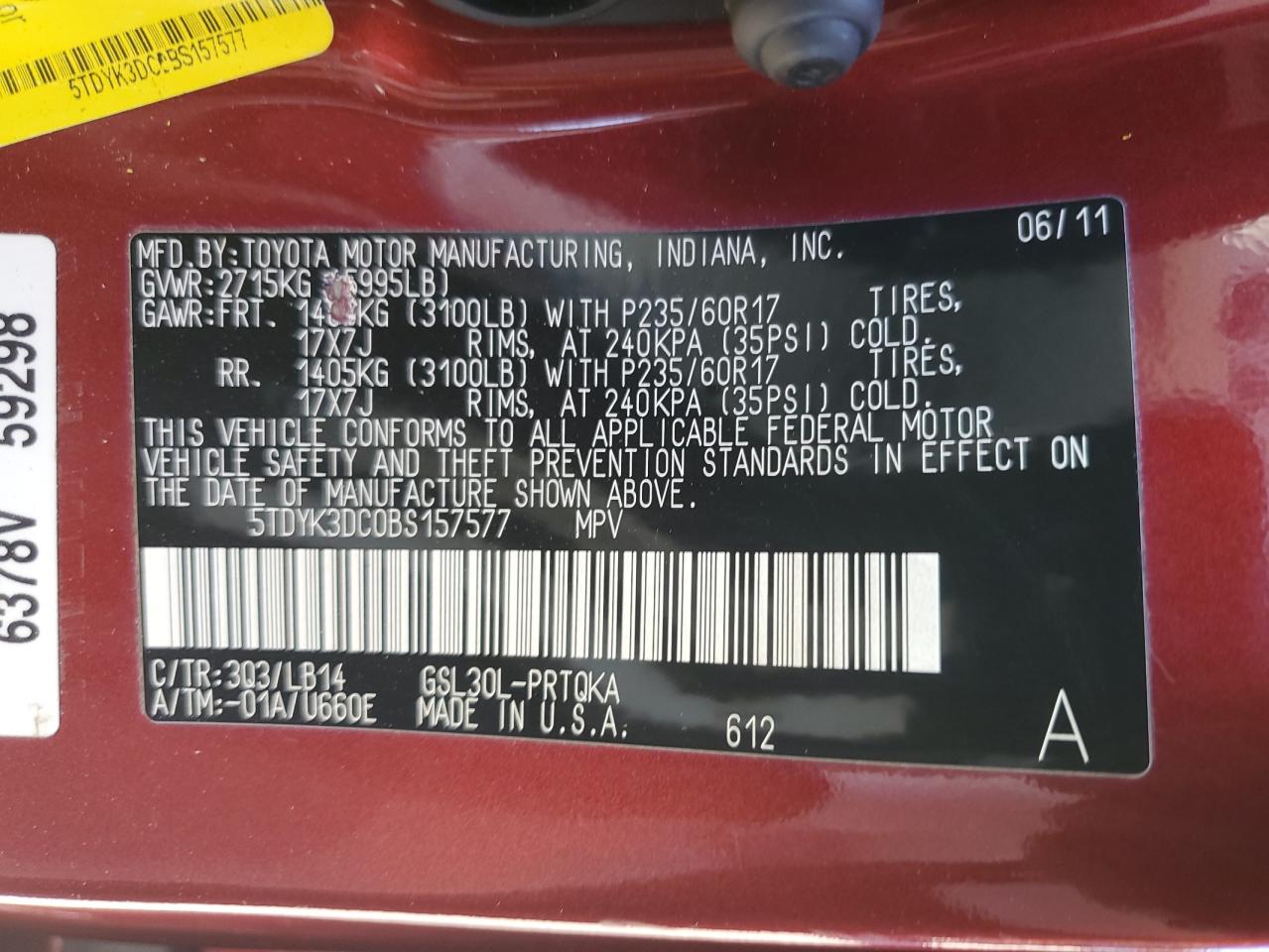 2011 Toyota Sienna Xle VIN: 5TDYK3DC0BS157577 Lot: 83822065