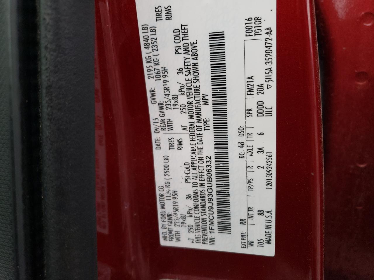 2016 Ford Escape Titanium VIN: 1FMCU9J93GUB06332 Lot: 82620595