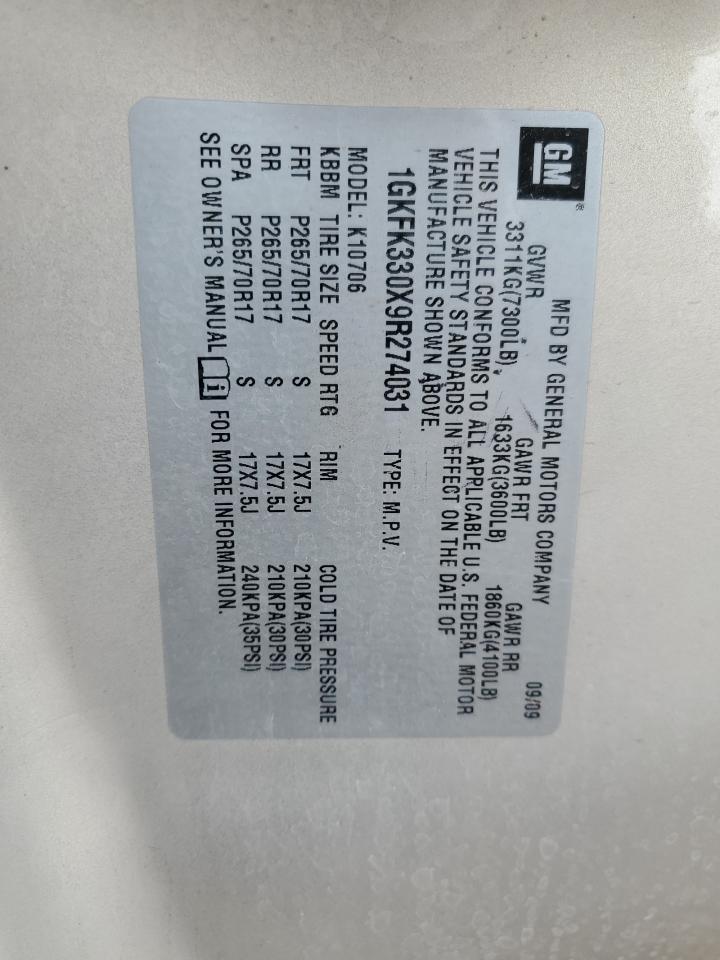 2009 GMC Yukon Slt VIN: 1GKFK330X9R274031 Lot: 80556165