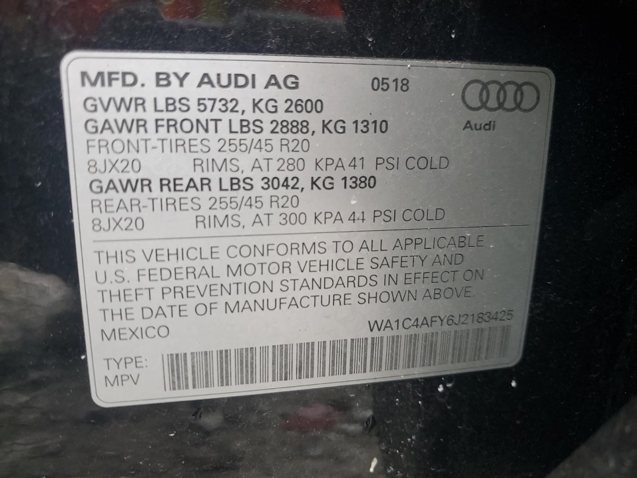 2018 Audi Sq5 Prestige VIN: WA1C4AFY6J2183425 Lot: 82757905