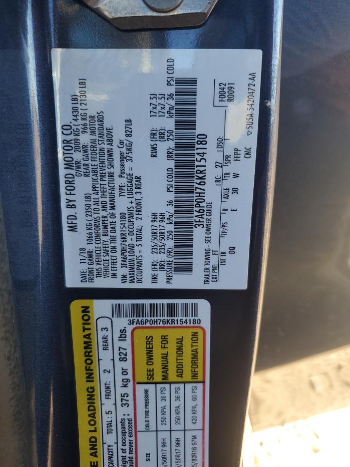 2019 Ford Fusion Se VIN: 3FA6P0H76KR154180 Lot: 86075515