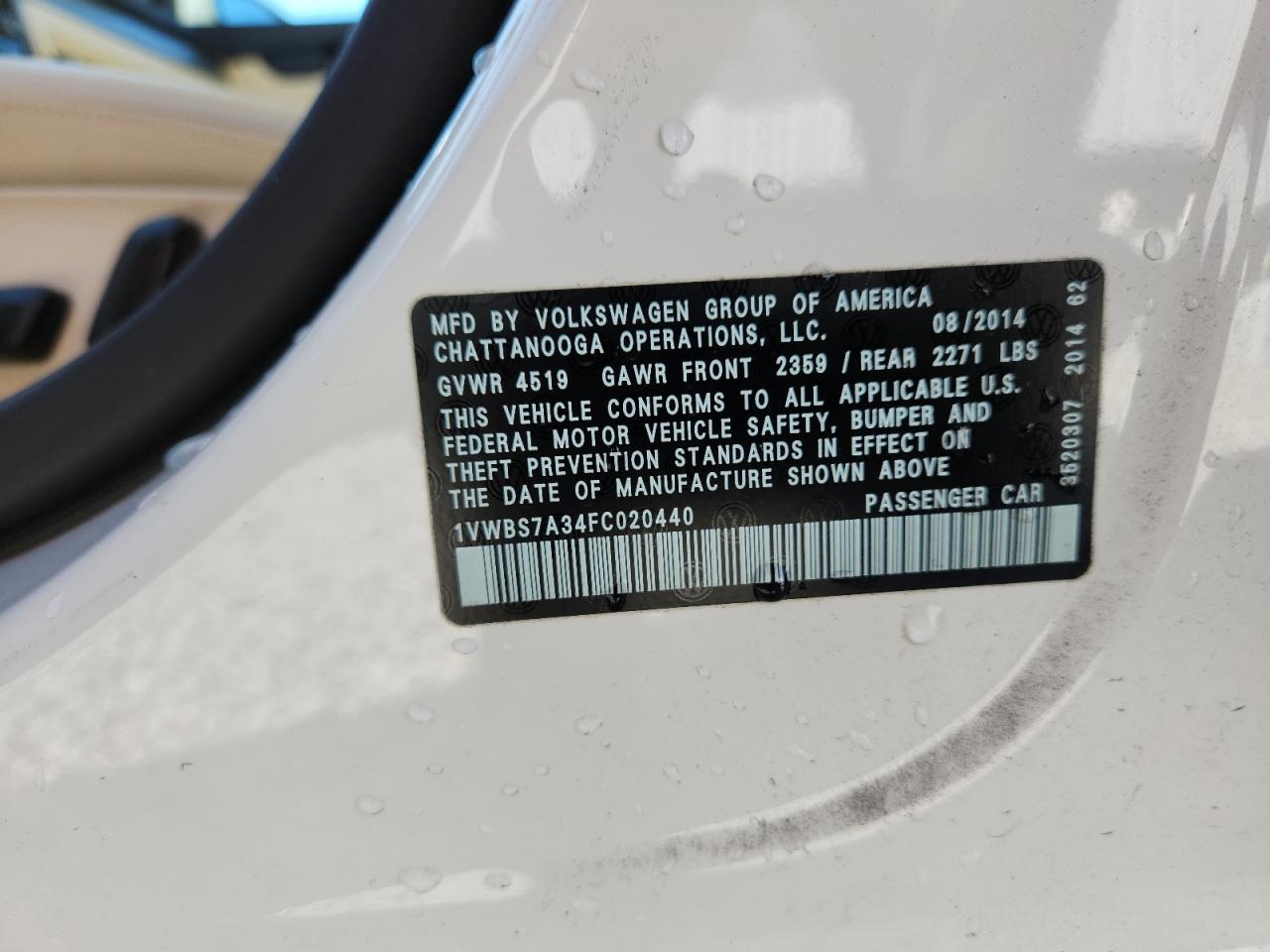 2015 Volkswagen Passat Se VIN: 1VWBS7A34FC020440 Lot: 86135915