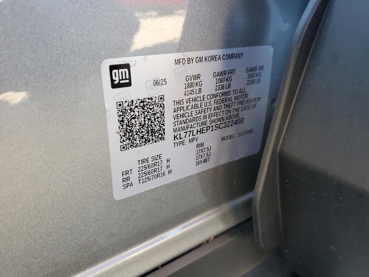 2025 Chevrolet Trax 1Lt VIN: KL77LHEP1SC322400 Lot: 87290865