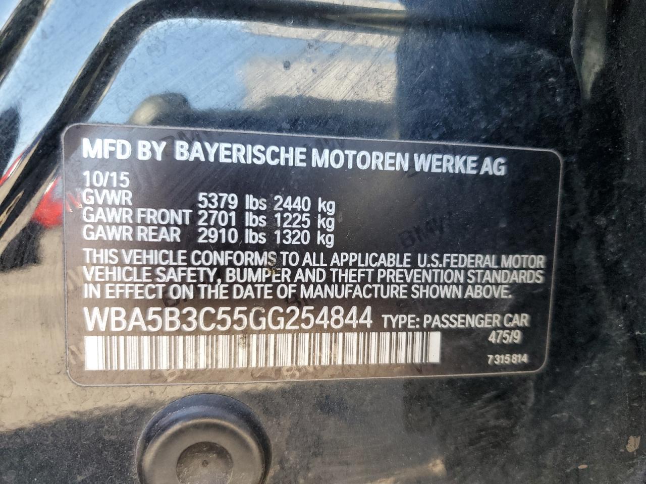 2016 BMW 535 Xi VIN: WBA5B3C55GG254844 Lot: 82285215