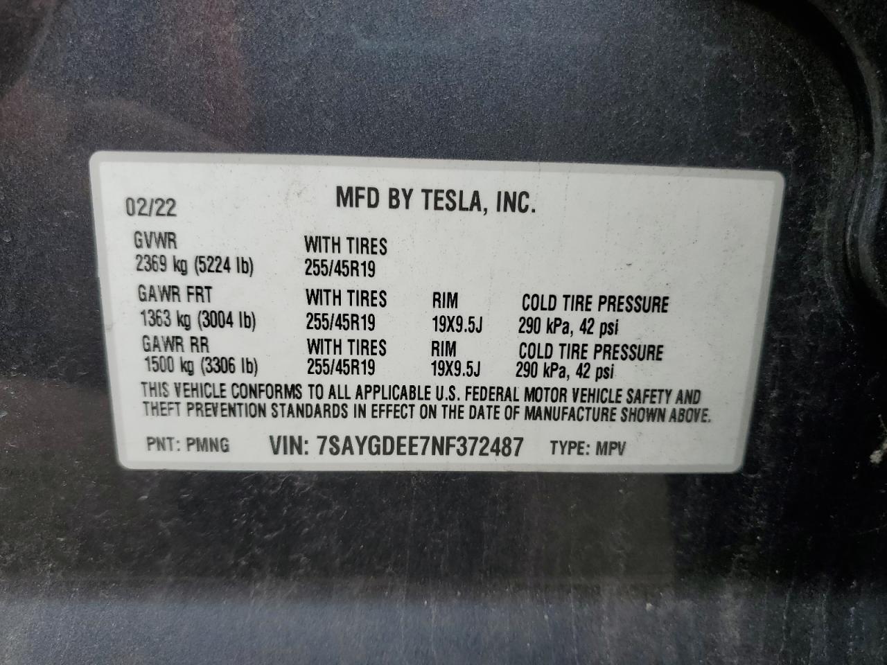 2022 Tesla Model Y VIN: 7SAYGDEE7NF372487 Lot: 85827745