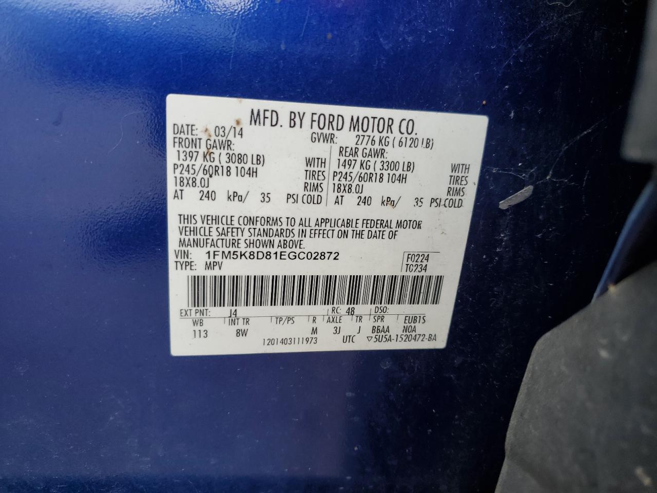 2014 Ford Explorer Xlt VIN: 1FM5K8D81EGC02872 Lot: 82245935