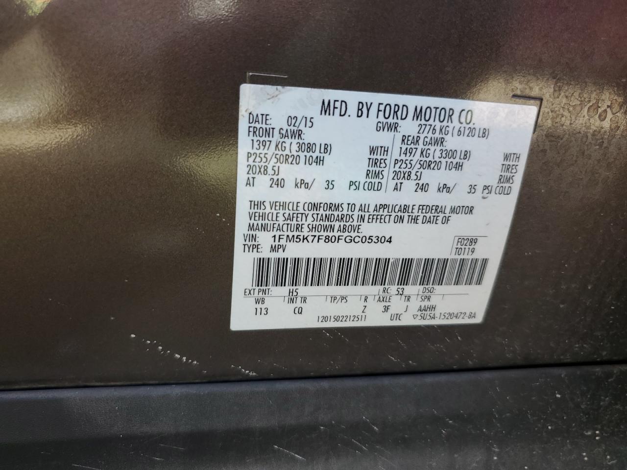 2015 Ford Explorer Limited VIN: 1FM5K7F80FGC05304 Lot: 84807275