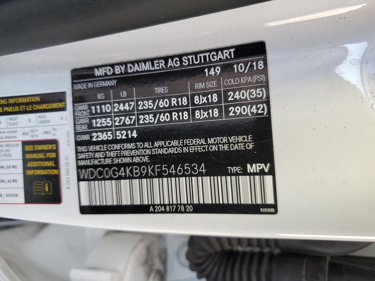 2019 Mercedes-Benz Glc 300 4Matic VIN: WDC0G4KB9KF546534 Lot: 87022795