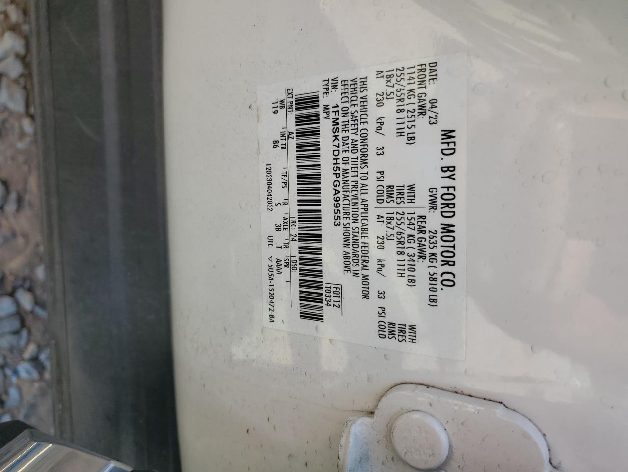 2023 Ford Explorer Xlt VIN: 1FMSK7DH5PGA99553 Lot: 82362035