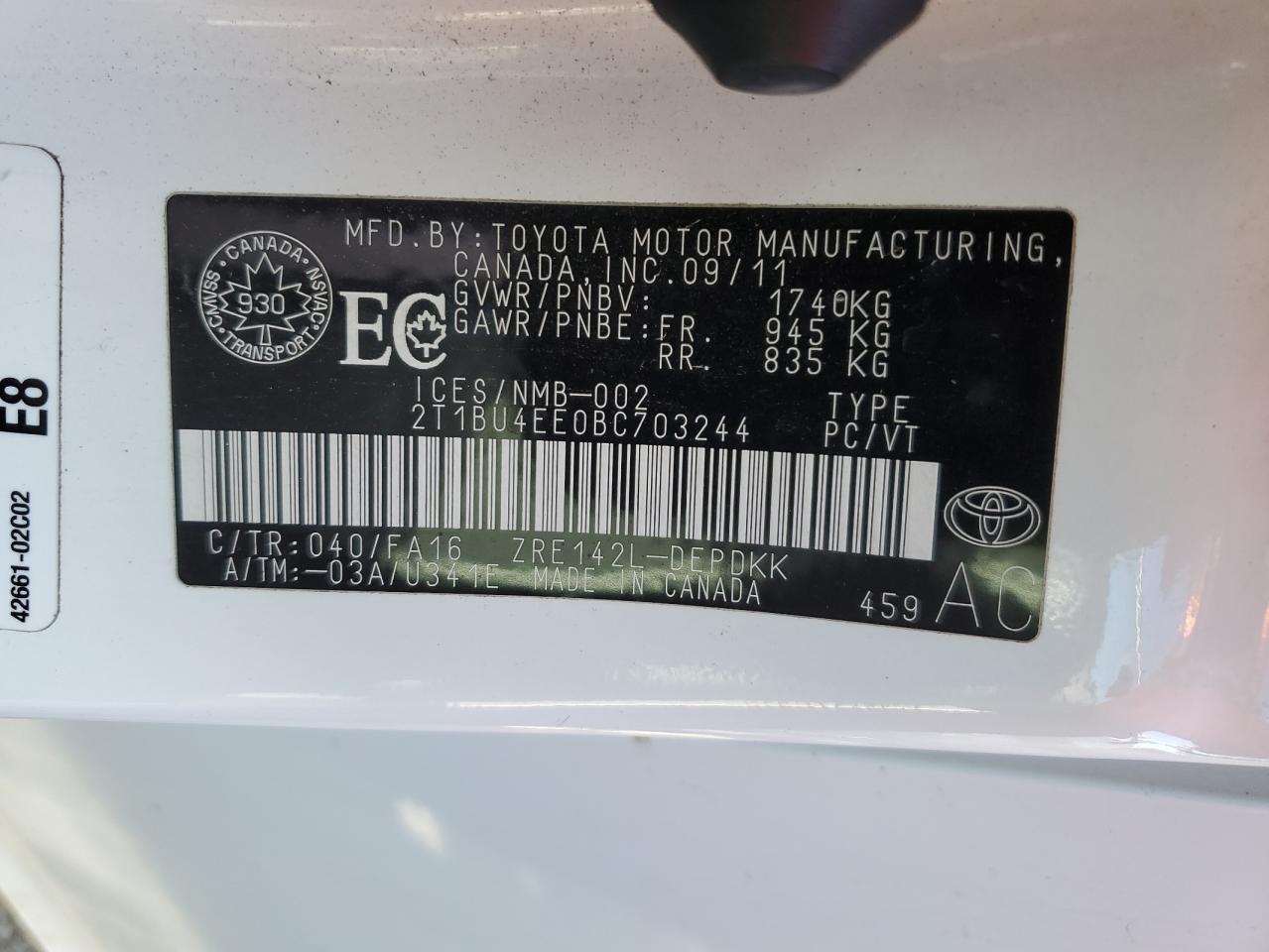 2011 Toyota Corolla Base VIN: 2T1BU4EE0BC703244 Lot: 85534915