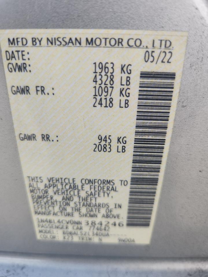 2022 Nissan Altima Sr VIN: 1N4BL4CV0NN384246 Lot: 81956855