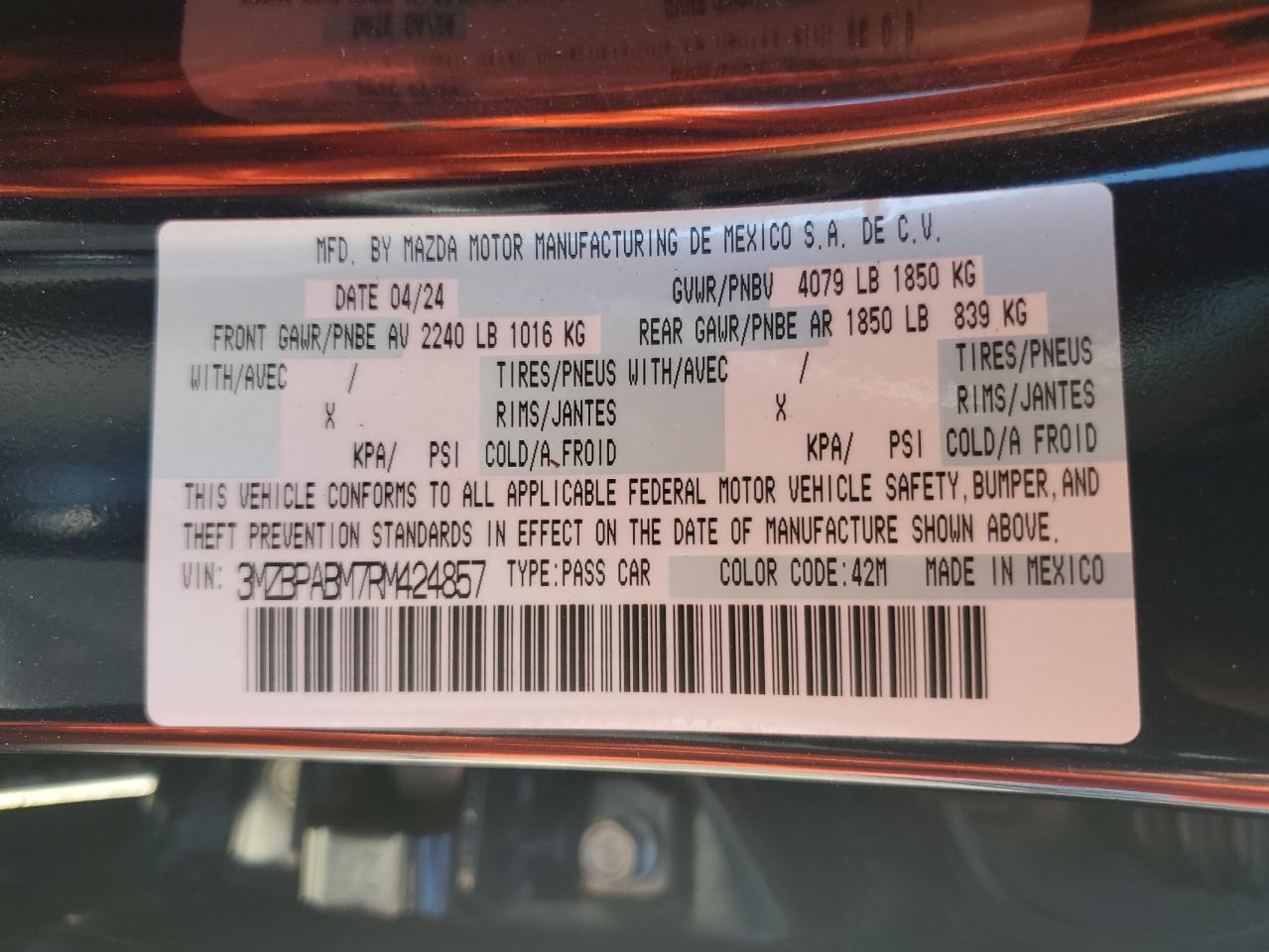 2024 Mazda 3 Select Sport VIN: 3MZBPABM7RM424857 Lot: 81945415