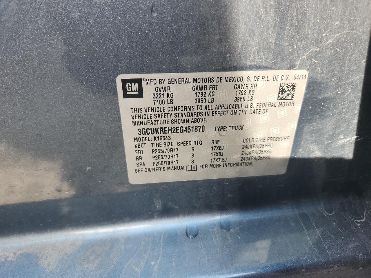 2014 Chevrolet Silverado K1500 Lt VIN: 3GCUKREH2EG451870 Lot: 84777195