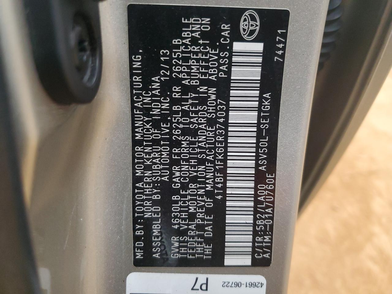2014 Toyota Camry L VIN: 4T4BF1FK6ER374037 Lot: 84810215
