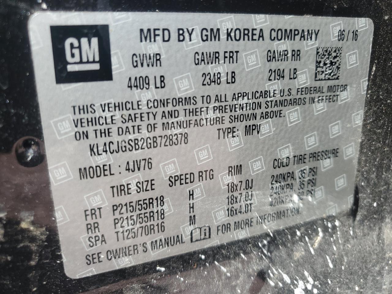 2016 Buick Encore VIN: KL4CJGSB2GB728378 Lot: 81956995