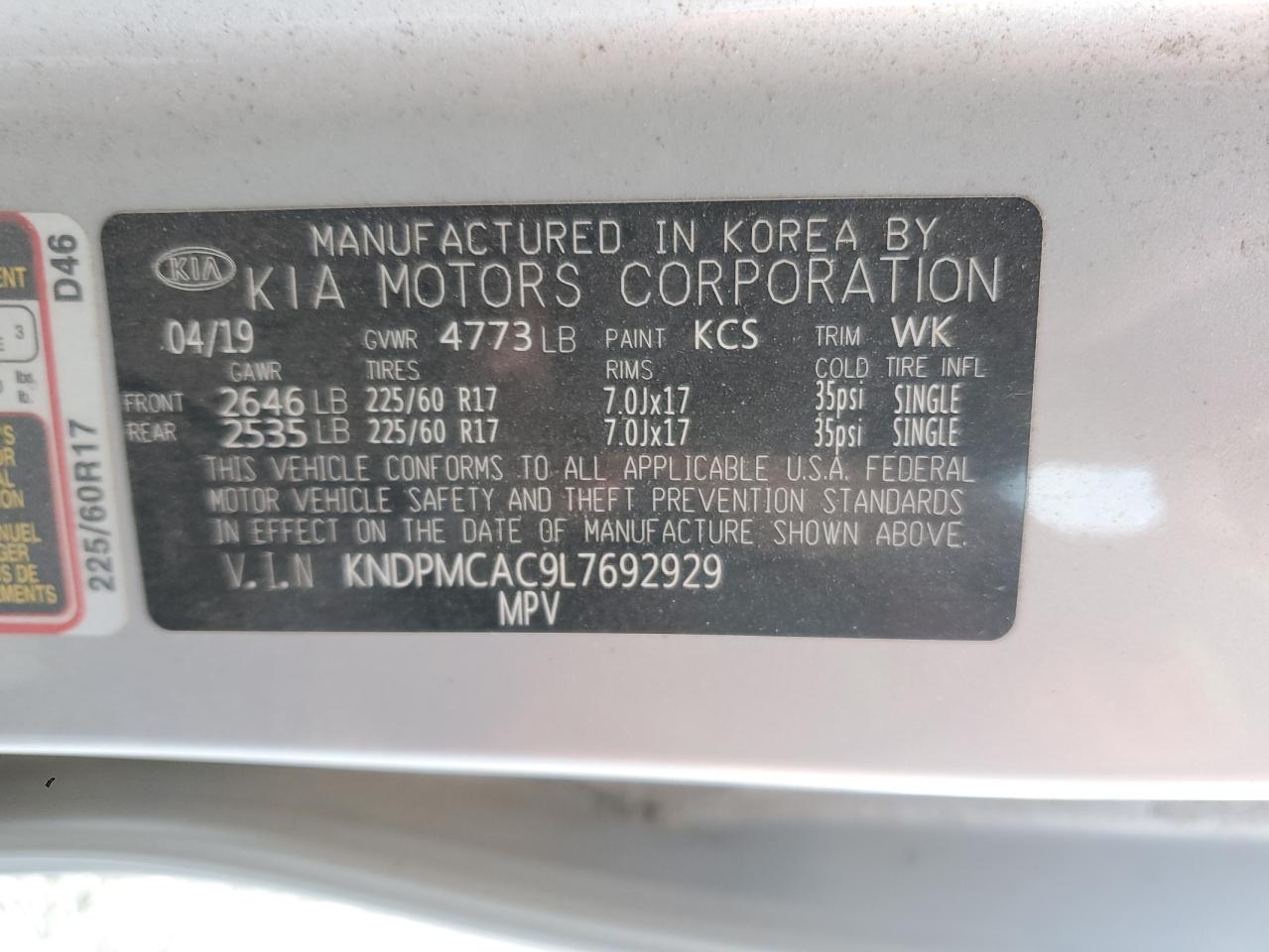 2020 Kia Sportage Lx VIN: KNDPMCAC9L7692929 Lot: 84931885