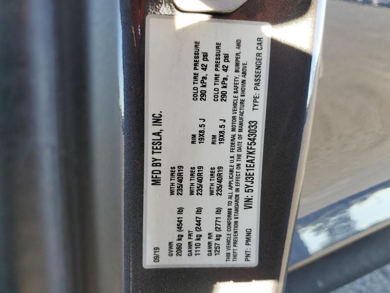 2019 Tesla Model 3 VIN: 5YJ3E1EA7KF543033 Lot: 85744265